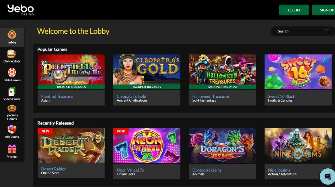 Yebo Casino South African online Game Lobby